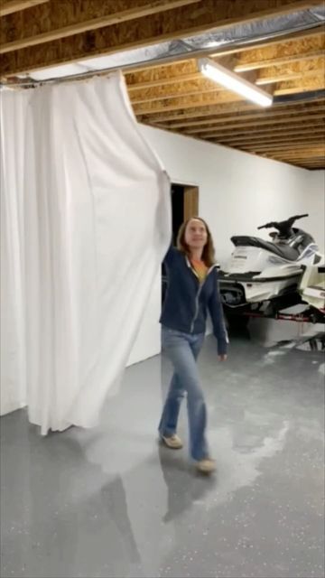 Curtains Garage Door, Shed Curtain Ideas, Garage Door Curtains, Garage Curtain Divider, Curtains In Garage, Basement Curtain Walls, Garage Divider Ideas, Curtain Separation Room Dividers, How To Cover Garage Walls For A Party