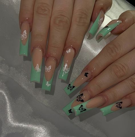 Green Nails Ideas Square, Long Acrylic Nails Square Green, Long French Acrylic Nails, Green French Tip Nails Square Long, Medium Square Acrylic Nails With Charms, Tapered Square Green Nails, Green Acrylic Nails With Butterflies, Turquoise Nail Ideas, Green Acrylic Nails Tapered Square