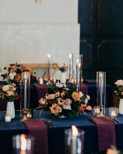 Bold Jewel Tones and French Quarter Inspiration Defined This Celebration in New Orleans Navy Velvet Tablecloth Wedding, Floral Table Scape, Mardi Gras Recipes, Navy Tablecloth, Place Setting Inspiration, Rice Shrimp, Nola Wedding, Mardi Gras Food, Jewel Tone Wedding