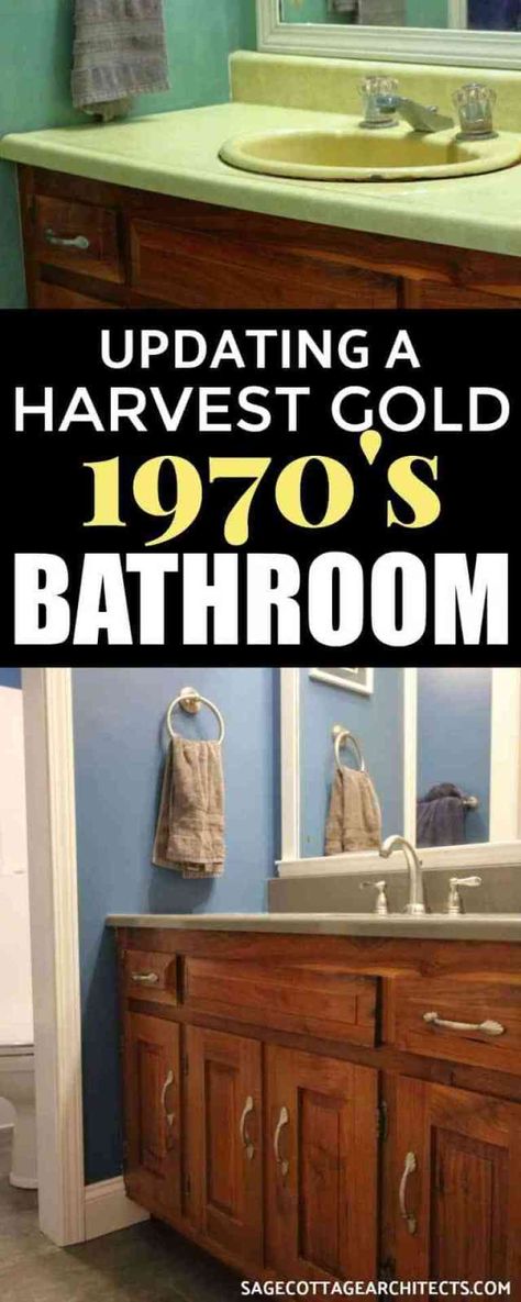 1970s Bathroom Remodel, 1970 Bathroom, Deep Blue Walls, Painting Paneling, 1970s Bathroom, Sage Cottage, Grey Quartz Countertop, Grey Quartz, Gold Everything