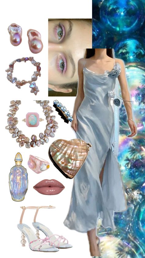 Fairycore, mermaidcore, bubble bath, bubble soap, pearlescent outfit, pearls jewelry, pink and light blue outfit Pink And Light Blue Outfit, Style Chart Aesthetic, Light Blue Outfit, Fairycore Outfit, Princess Outfit, Venus Fashion, Blue Costumes, Mermaid Aesthetic, Pearls Jewelry