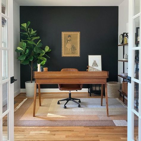 Tricorn Black SW 6258 - Neutral Paint Color - Sherwin-Williams Wood Desk Design, Tricorn Black, Living Room Transformation, Black Accent Walls, Dark Paint Colors, Hearth Room, Accent Wall Bedroom, Sherwin Williams Paint Colors, Wood Desk