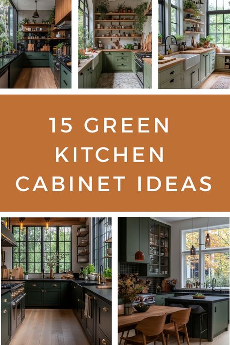 Stylish inspo and ideas for green kitchen cabinets to give your kitchen a farmhouse look. Kitchen Hardware Green Cabinets, Kitchen Cabinets For White Walls, Rustic Kitchen With Green Cabinets, Kitchen Interior Design Green, Soapstone Countertops Green Cabinets, Sage Green Kitchen Cabinets Color Scheme, Green Kitchen Cabinets With Black Hardware, Green Kitchen Decorating Ideas, Medium Green Kitchen Cabinets