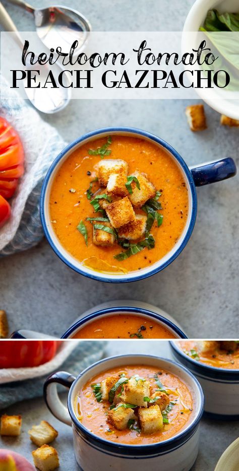 Yellow Tomato Gazpacho, Peach Gazpacho Recipe, Fall Gazpacho, Peach Soup Chilled, Cold Peach Soup, Pumpkin Gazpacho, Peach Soup Recipe, Gazpacho Recipes, Rainbow Rangoli