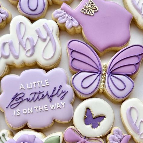 Danielle’s Delectables on Instagram: "A little butterfly is on the way!🦋💜 . . . #butterflybabyshowercookies #butterflybabyshower #butterflycookies #cookiedecorating #njbaker #njcookies" Butterfly Inspired Food, Little Butterfly Baby Shower Theme, Butterfly Baby Shower Treats, A Little Butterfly Is On Her Way Theme, Purple Baby Shower Ideas Decoration, A Little Butterfly Is On Her Way, Purple Butterfly Baby Shower Theme, Butterfly Baby Shower Cookies, Butterfly Themed Baby Shower Ideas