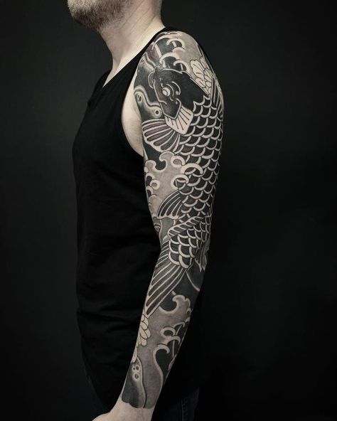 Koi fish tattoo black and white Black White Japanese Tattoo, Japanese Tattoo Cover Up Ideas, Koi Fish Tattoo Black And Grey, Black And White Koi Fish Tattoo, Japanese Sleeve Tattoos Black And Grey, Japanese Black And Grey Tattoo, Black Koi Fish Tattoo Design, Black And Grey Japanese Tattoo, Japanese Koi Fish Tattoo Sleeve