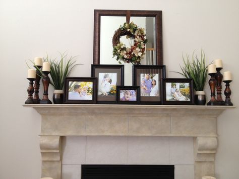 Mantle Decor Family Picture, Mantel Decor With Pictures, Picture Frames On Mantle Display, Photo Frames On Fireplace Mantle, Mantel Decorating Ideas Picture Frames, Fireplace Mantle Decor With Family Photo, Photos On Mantle Ideas, Mantle With Picture Frames, Mantel Decorating Ideas With Pictures