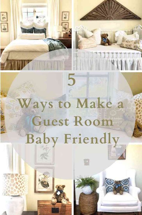 5 ways to make a guest room baby friendly #nursery #nurserydecor #nurseryideas #roughluxe #cindyhattersleydesign #guestroom #pillows Grandkids Guest Room Ideas, Kids Guest Room, Guest Room Nursery, Nursery Guest Room Combo, Grandkids Room, Nursery Guest Room, Guest Bedroom Ideas, Cindy Hattersley, Spring Mantle