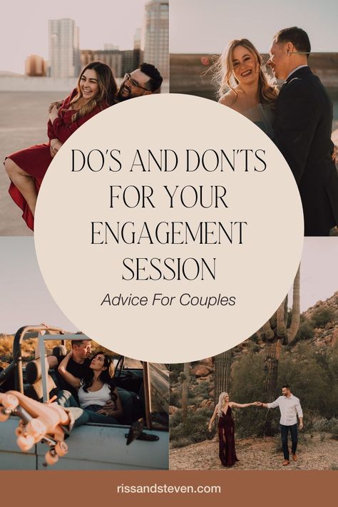 If you have an engagement session or couples session coming up, here are a few planning tips to make sure you're getting the most out of your photos! Head to the blog to read more about how to prepare for your engagement session - what to do and what not to do. From an Arizona wedding photographer! Taking Your Own Engagement Photos, Engagement Photos Dos And Donts, Engagement Photo Tips, Spring Engagement Photos Outfits Plus Size, Trendy Engagement Photos, What To Wear For Engagement Pictures, Engagement Photo List, Engagement Photos Makeup, Engagement Shoot Makeup