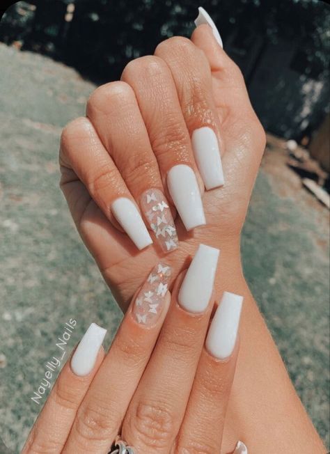 White Coffin Nails, White Acrylic Nails, Simple Acrylic Nails, Fall Acrylic Nails, Acrylic Nails Coffin Short, Short Acrylic Nails Designs, Butterfly Nail, Beach Nails, Acrylic Nails Coffin