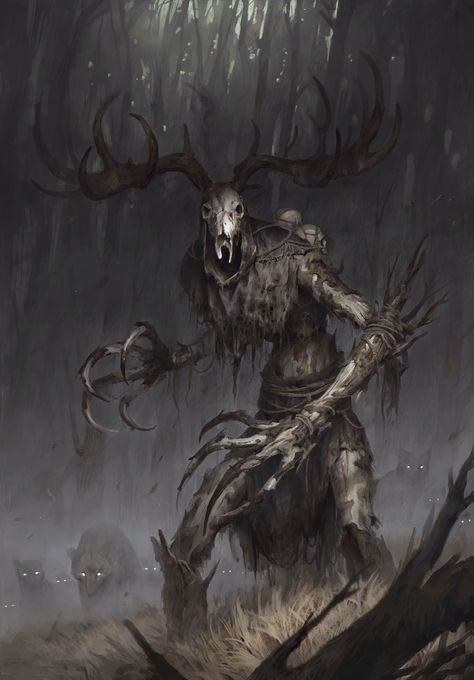 Skinwalker Concept Art, Leshen Monster Art, Leshen Monster Dnd, Dnd Skinwalker, D&d Creatures Monsters, Scary Forest Creatures, Windigo Monster Art, Undead Creature Art, Leshen Witcher Art