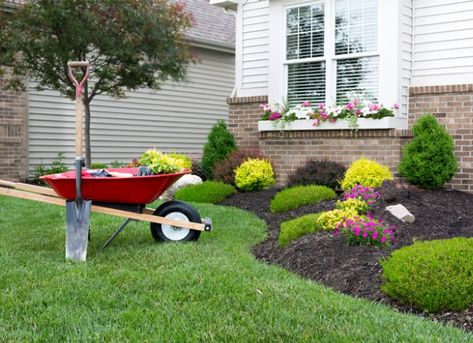 Spring Landscaping, Frugal Gardening, Small Front Yard, House Foundation, Foundation Planting, Landscaping Tips, Garden Bed, Landscape Projects, Gardening For Beginners