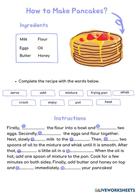 Grade 8 Lessons, English Teaching Ideas, Worksheets For 5th Grade, Recipe For Pancakes, Free English Courses, Speaking Activities English, English For Kids, Summer Worksheets, Activities For Students