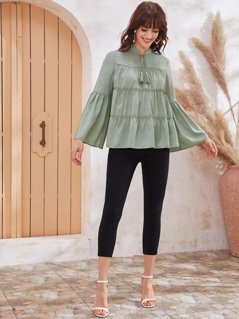 Tassel Tie Neck Flounce Sleeve Tiered Blouse | SHEIN USA Clothing Reference, Tiered Blouse, Hem Blouse, Flounce Sleeve, Women Blouses, Shein Style, Tie Neck, Blouse Designs, Fashion Illustration