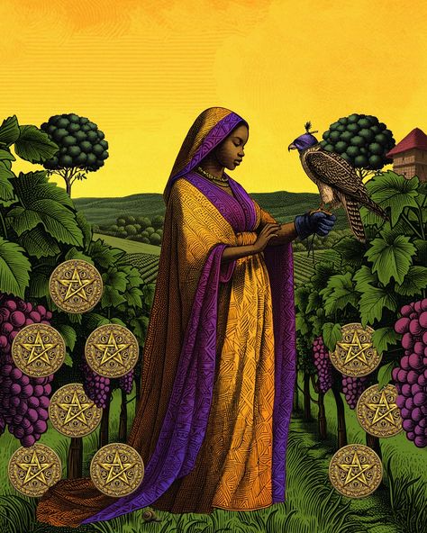 The Nine of Pentacles shows a well-dressed woman standing in a beautiful garden. She wears a flowing, golden robe and a red beret, signs of her wealth and social status. The vines behind her are heavy with grapes and golden coins, representing the fruitful accomplishment of all her desires. Her right hand rests upon one of the many coins, and her fingers wrap around the purple grapes on the vine, symbolising her healthy relationship with money. She can enjoy the fruits of her labours without ... Red Beret, Drawing People Faces, Native American Wisdom, Ancient Books, Well Dressed Women, Female Art Painting, Afrocentric Art, Woman Standing, Tarot Art