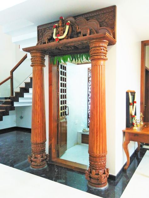 Here you will find photos of interior design ideas. Get inspired! Interior Pillars, Pooja Door, Pooja Room Door, Temple Design For Home, Pooja Mandir, Indian Home Design, Indian Home Interior, Pooja Room Door Design, Ethnic Home Decor