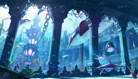 Anime Underwater, Ocean Kingdom, Kingdom Wallpaper, Underwater Room, Underwater Wallpaper, Bawah Air, Underwater City, Fantasy Rooms, Landscape Concept