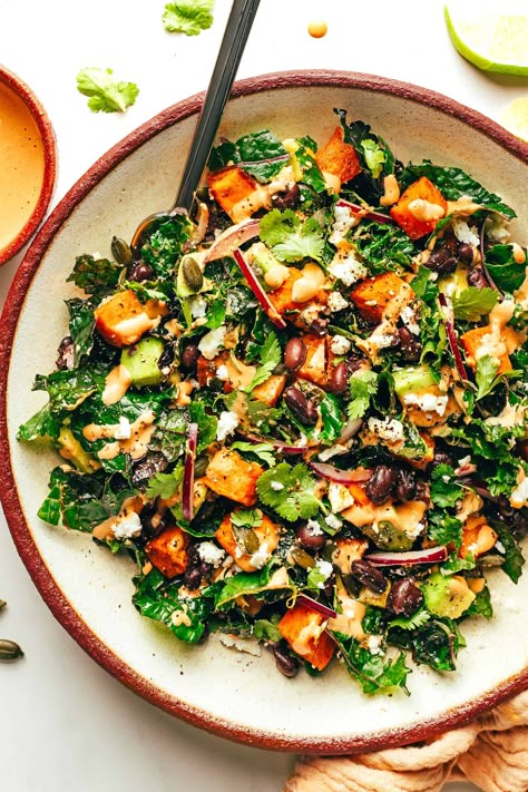 Sweet Potato Avocado Kale Salad Recipe | Gimme Some Oven Sweet Potato Avocado, Potato Avocado, Chipotle In Adobo Sauce, Salads Recipes For Dinner, Salads Ideas, Tahini Recipe, Salad Recipe Ideas, Sweet Potato Salad, Sweet Potato Kale