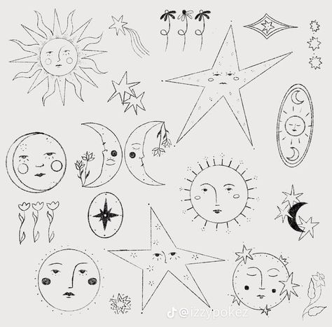 Sun Dance Tattoo, Star Flash Tattoo, Fine Line Flash Tattoo, Transformation Tattoo Ideas, 70s Tattoo Ideas, Moon Doodle, Aesthetic Tattoo Ideas, 20 Aesthetic, Handpoke Tattoo