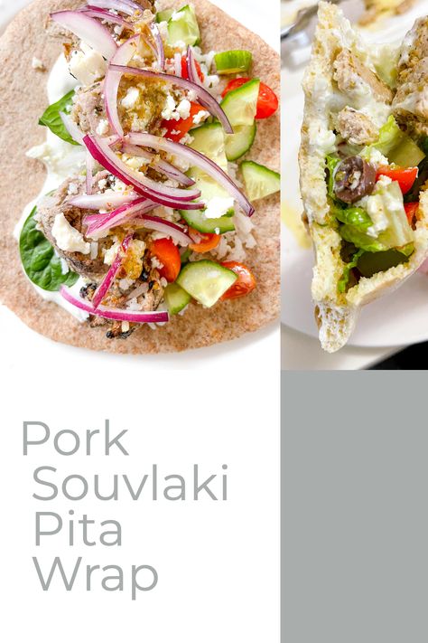 A healthy souvlaki pita is the perfect lunch. Flavourful pork and fresh veggies with our favourite homemade tzatziki sauce. Souvlaki Pita, Souvlaki Marinade, Pork Souvlaki, Pita Wraps, Pita Wrap, Creamed Cucumbers, Homemade Tzatziki Sauce, Homemade Tzatziki, Tzatziki Sauce