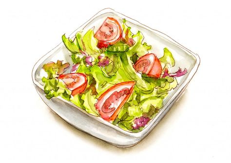 Salad Drawing Illustration, Salad Sketch, Salad Watercolor, Food Fanart, Salad Drawing, Castro Valley California, Salad Art, Science Icons, Food Sketch