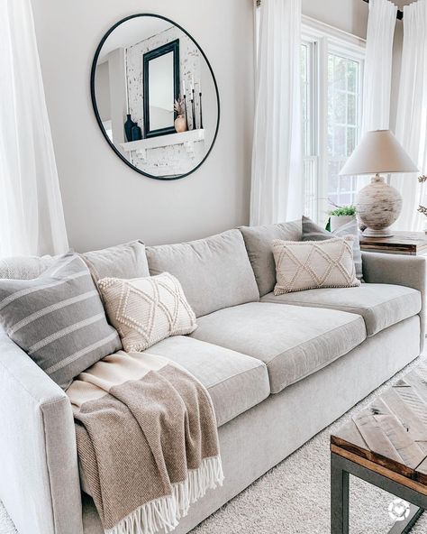 Cream Couch With Gray Pillows, Light Grey Couch With Blue Accents, Gray Couch Beige Pillows, Couch For Grey Floor, Pillows For Light Grey Sectional, Gray Walls Beige Couch, Light Grey Couch Throw Pillows, Light Gray Couch Styling, Frost Gray Couch