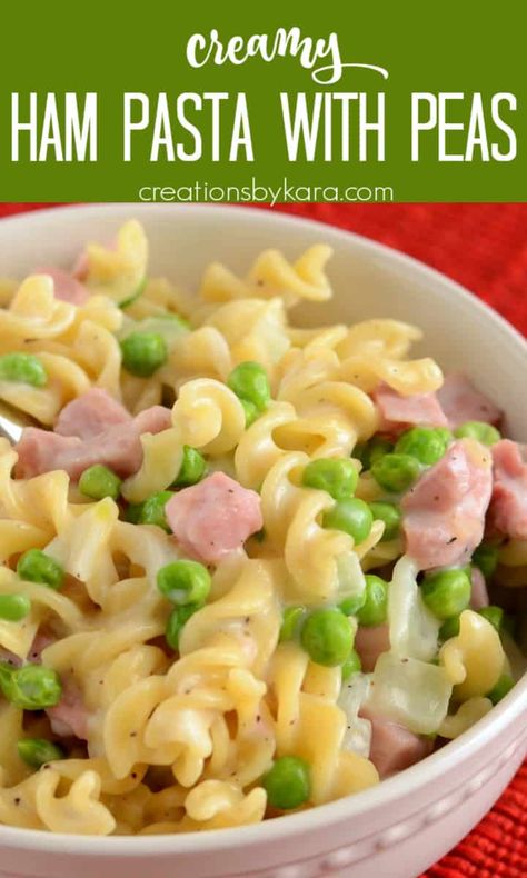 Looking for a quick dinner recipe? This Creamy Ham Pasta fits the bill! A tasty way to use leftover ham, and it's ready in 30 minutes. #hampasta #leftoverham @Creations by Kara Recipes With Cubes Ham, Recipe With Ham Leftovers, Leftover Ham Recipes Freezer, Ham Noodles And Peas, Slice Ham Recipes Dinners, Tinned Ham Recipes, Ham Pasta Casserole Recipes, Leftover Ham And Rice Recipes, Recipes With Ham Lunch Meat