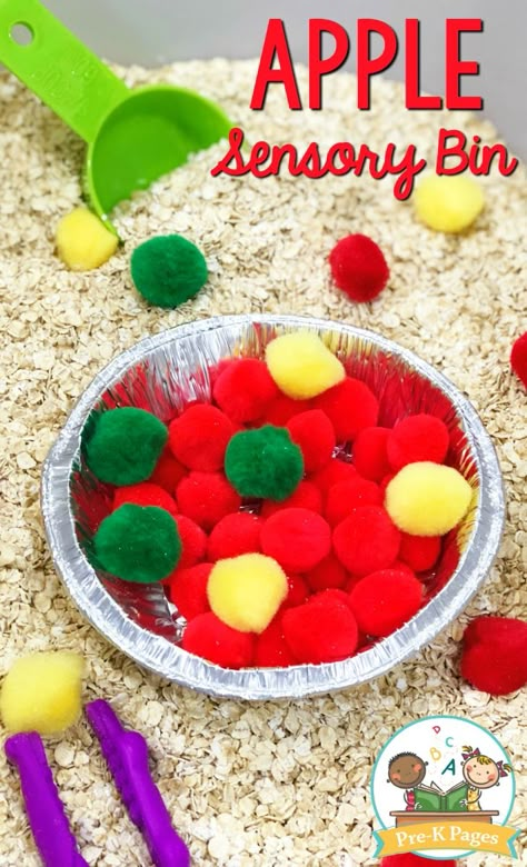 Letter A Sensory Bin Ideas, Apple Week Sensory Bin, Apple Facts For Preschool, Red Sensory Activities, Apple Craft Toddler, Easy Fall Sensory Bin, Apple Activities For Infants, Apple Sensory Bin Preschool, Toddler Food Activities