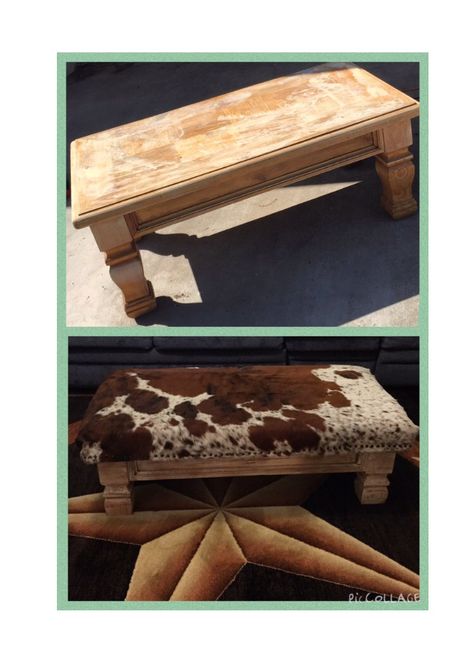 Old coffee table made into a beautiful rustic ottoman with a cowhide! U Couch, Cowhide Decor, Rustic Ottoman, Cowhide Furniture, Ranch Decor, Western Furniture, Modern Upholstery, Western Home Decor, Refurbished Furniture