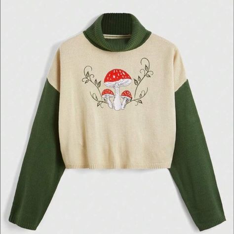 Sweater Embroidered Mushroom Green And Beige/Creamy Cake Different Size S, M, L Mushroom Outfit, Creamy Cake, Black Cashmere Turtleneck, Cottagecore Clothes, Vibe Clothes, Green Cream, Fashion Design Clothes, Cute Sweaters, Edgy Outfits