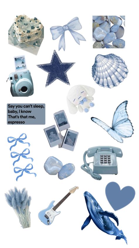 Blue, aesthetic, butterfly, ocean, guitar, bow Blue Aesthetic Scrapbook, Blue Core, Blue Theme, Blue Collage, Blue Scrapbook, Aesthetic Objects, Blue Pin, Ocean Wallpaper, Cute Backgrounds