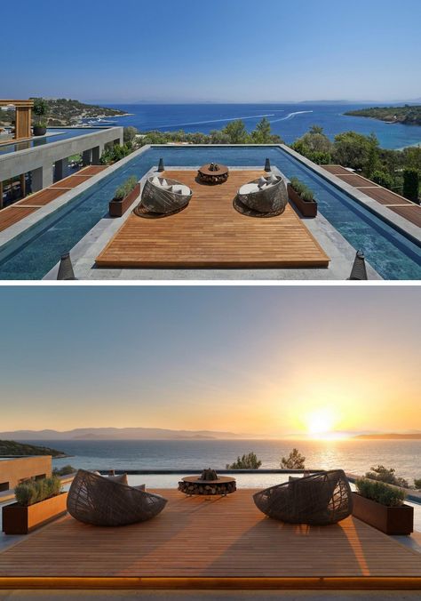 DESIGN DETAIL: A Rooftop Pool With An Ocean View - This rooftop sun-deck and pool can be found at the Mandarin Oriental Hotel in Bodrum, Turkey. Apartment Rooftop, Bodrum Turkey, Luxury Swimming Pools, House Outer Design, Swimming Pools Inground, Outdoor Pools, Luxury Pools, Luxury Resorts, Beach House Design