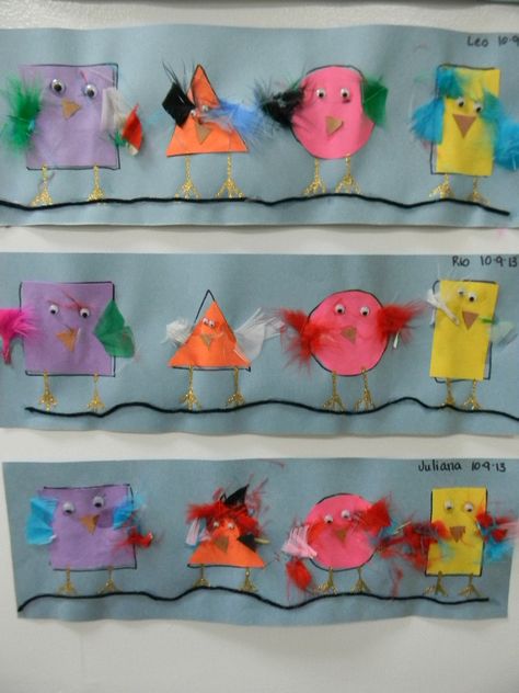 Birds on a Wire: Shape match art activity Bird Preschool Activities Art Projects, Bird On A Wire Art, Activities On Birds For Preschoolers, Fish And Bird Crafts Preschool, Pre K Bird Craft, Shape Birds Preschool, Bird Craft Kindergarten, Bird Activities Preschool Art, Birds Prek Activities