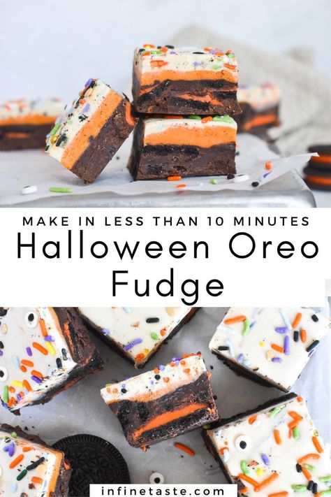 squares of fudge stacked on top of each other. Apple Fudge, Halloween Fudge, Bake Sale Fundraiser, 5 Minute Fudge, Halloween Oreos, White Chocolate Fudge, Dark Chocolate Fudge, Oreo Fudge, Chocolate Garnishes