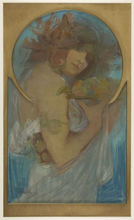 study for the poster Fruit, 1897, Alphonse Mucha - okay technically this is a drawing but w/e i want this style all up in my paintings, so Alphonse Mucha, A Woman, Fruit, Flowers, Hair, Art