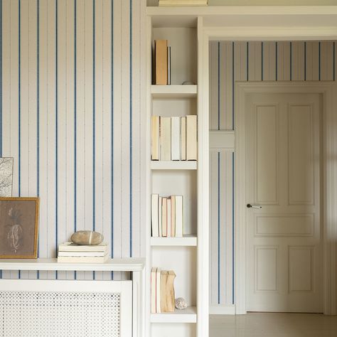 Victorian Lineal by Coordonne - Blue - Wallpaper : Wallpaper Direct White On White Wallpaper, Blue Pinstripe Wallpaper, Colourful Coastal Interior, Timeless Renovations, Pottery Barn Wallpaper, Stripe Wallpaper Living Room, Little Boy Wallpaper, White Wallpaper Bedroom, Striped Wallpaper Bedroom