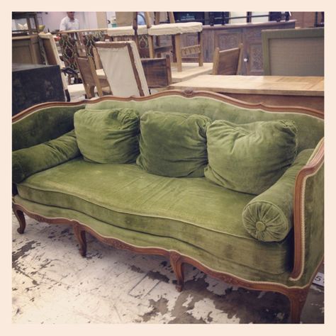 Green Velvet Sofa Antique, Victorian Sofa Reupholstered, Vintage Couch Bedroom, Vintage Couch Pillows, Victorian Style Couch, Small Green Couch, Vintage Green Couch Living Room, 1930s Couch, Courdory Couch