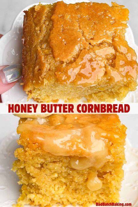 Honey Butter Cornbread Honey Corn Bread, Butter Cornbread Recipe, Honey Butter Cornbread, Flavored Cornbread, Honey Corn, Cheesy Corn Casserole, Cork House, Batch Baking, Nye Dinner