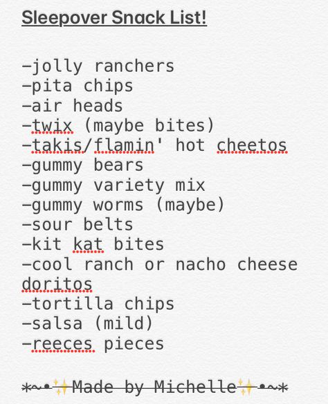 Snack List For Sleepover, Snacks To Get For A Sleepover, Good Snacks For Sleepovers, Sleepover Snacks List, Snacks For Sleepovers, Sleepover Plans, Bff Night, Fun Sleepover Activities, Good Snacks