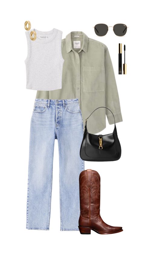 Outfits With Brown Cowboy Boots For Women, Beer Garden Outfit Summer, Western Boots Jeans Outfit, Simple Outfits With Cowgirl Boots, Cowgirl Boots Outfit Jeans Casual, Cowgirl Boots Outfit With Jeans, Casual Ranch Outfit, Cowboy Boot Jeans Outfit, Nashville Chic Outfits