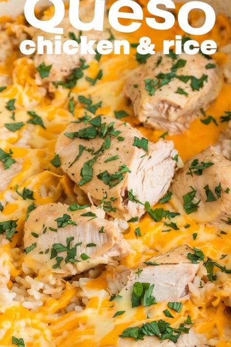 Queso chicken and rice topped with melted cheese and garnished with fresh herbs. Rice Combinations, Queso Chicken And Rice, Cheesy Rice Recipes, Cheesy Queso Dip, Queso Recipes, Cheesey Chicken, Chicken And Rice Recipes, Queso Chicken, Sunday Meals