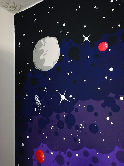 Space Wall Painting Bedroom, Space Mural Art, Outer Space Mural, Astronomy Room, Scene Kid Room, Space Wall Painting, Wall Painting Ideas Bedroom Teenager, Space Vbs, Space Wall Mural