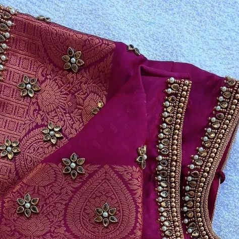 Kundan Blouse Work, Stone Hand Work Embroidery, Kundan Stone Aari Work Blouse Design, Stone Design On Clothes, Stone Blouse Designs, Kundan Stone Aari Work, Simple Pearl Work Blouses, Simple Stone Work Blouse, Simple Stone Work Blouse Designs