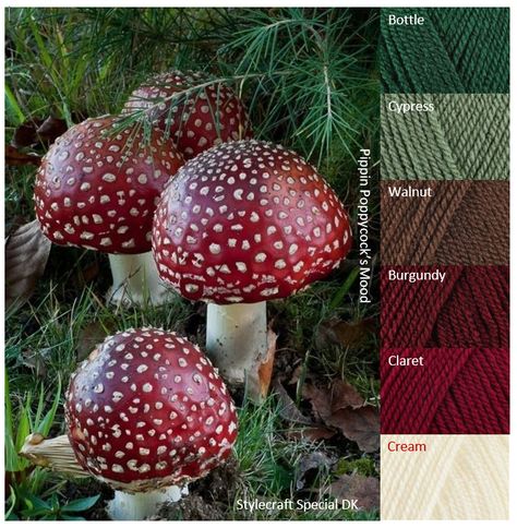 Magic Mushrooms Yarn Mood Boards, Yarn Color Combos, Mushroom Mood Board, Knitting Color Combinations, Crochet Color Combinations, Fairies And Elves, Knitting Photography, Yarn Color Combinations, Trendy Knitting