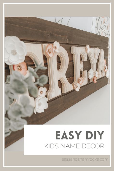 Diy Name Wall Decor, Easy Diy Nursery Decor, Cute Name Signs Diy, Name Sign Diy, Diy Name Decor, Diy Wood Name Signs, Diy Baby Girl Nursery Decor, Cricut Nursery Name Sign, Name Signs Diy Wooden