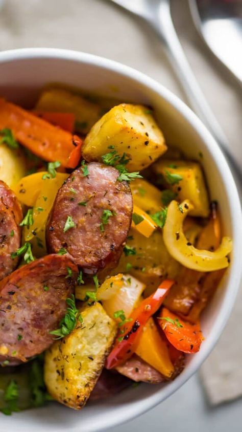 Sausage In The Oven, Lazy Meal Prep, Sausage And Potato Bake, Budget Meal Prep, Sausage And Potatoes, Healthy Budget, Roasted Potato, Pork Ham, Healthy Recipes On A Budget