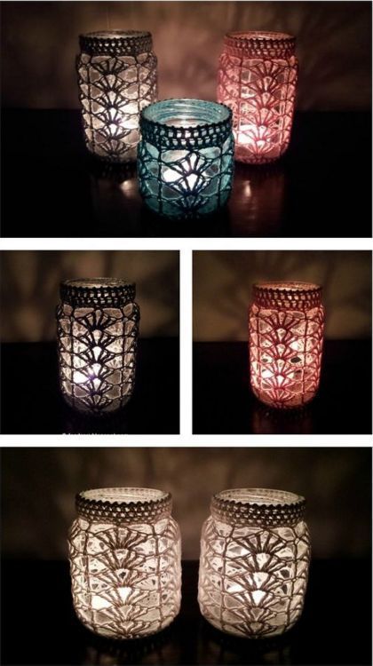 crochet lantern tuto ideas 4 Crochet Jar Covers, Jar Covers, Chalk Paint Mason Jars, Mason Jar Flowers, Wine Bottle Diy Crafts, Christmas Candle Holders, Wine Bottle Diy, Jar Diy, Wine Bottle Crafts