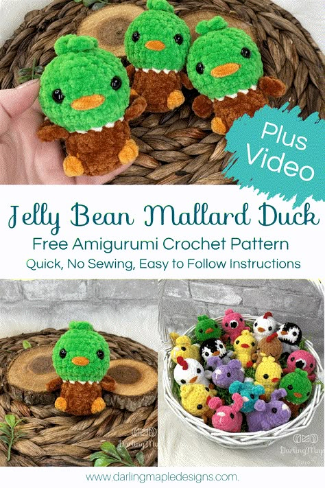 Make Your own Jelly Bean Mallard Duck - Free Crochet Pattern - Darling Maple Designs Small Crochet Plush Pattern Free, Free Mini Amigurumi Patterns, Quick Amigurumi Pattern, Fall Market, Mallard Ducks, Crochet Toys Free Patterns, Crochet Plushies, Crochet Toys Free, Easy Crochet Animals