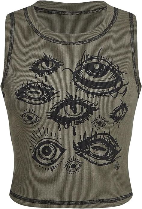 SOLY HUX Women's Y2k Goth Eye Print Crop Tank Top Round Neck Sleeveless Summer Tops Eyes Tank Top, Roblox Clothes, Goth Y2k, Sleeveless Tops Summer, Y2k Goth, Eye Print, Y2k Top, Crop Tank Top, 7th Grade