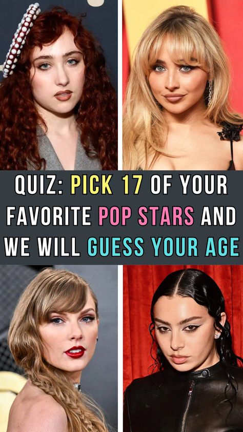 Whether you're a fan of Chappell Roan, Sabrina Carptenter, Taylor Swift, Or Charli xcx, we can determine your age based on your music taste. What Chappell Roan Song Are You, Chappell Roan Drawing Reference, Rare Pics Of Taylor Swift, Famous Female Singers, Singer Inspired Outfits, Charli Xcx Guess, What Celebrity Am I, Chappell Roan Lyrics Aesthetic, 1989 World Tour Outfits